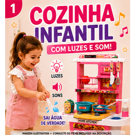 Cozinha Infantil Completa com Água Luz e Som Kit Cozinha de Brinquedo Rosa com Pia Fogão Forno Panelinhas e Acessórios