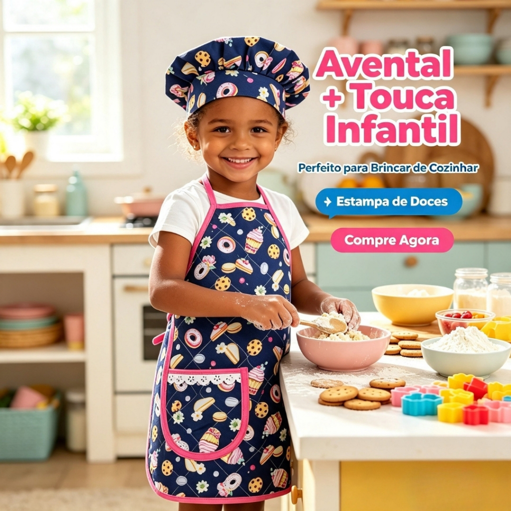 Kit Mini Chef Cozinha 2 Peças Avental Infantil e Touca Para Criança, Presente Menina Menino Brincadeira Mestre Cuca