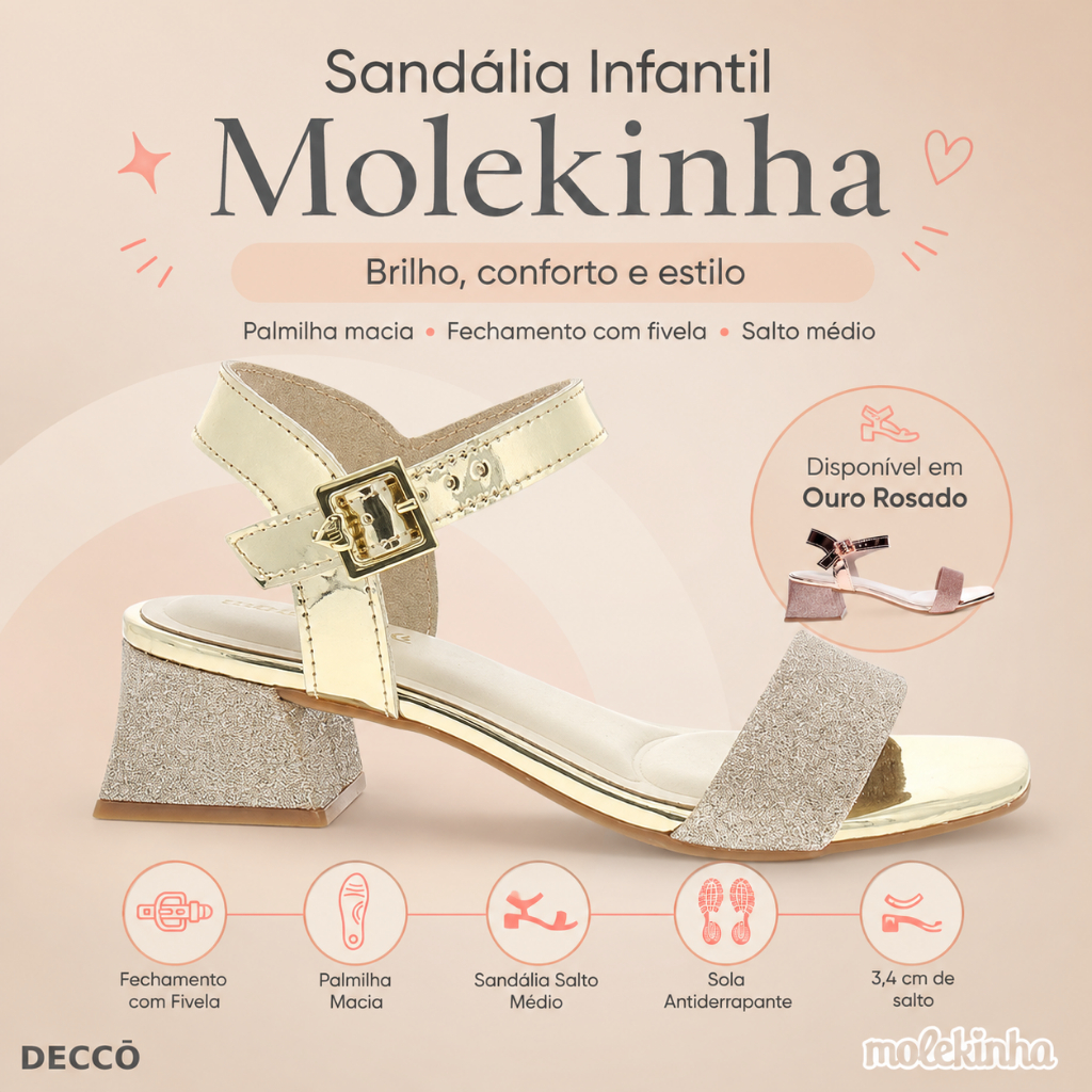 Sandália Infantil Molekinha Menina Com Brilho Confortável Solado Borracha Antiderrapante