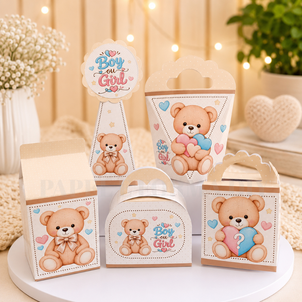 Caixinhas Chá Revelação ursinho PEGUE E MONTE - Caixinhas para decoração lembrancinha de aniversário