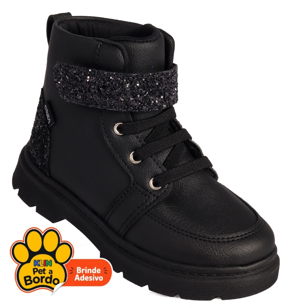 Bota Coturno Infantil Menina Klin London Tratorada com Glitter Preto Anatômico Original - Preto