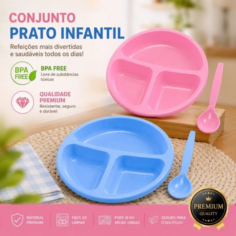 Kit Refeição Infantil Prato Talher Com 3 Divisórias + Colher Baby Introdução Alimentar Bebê 600mL Multiuso
