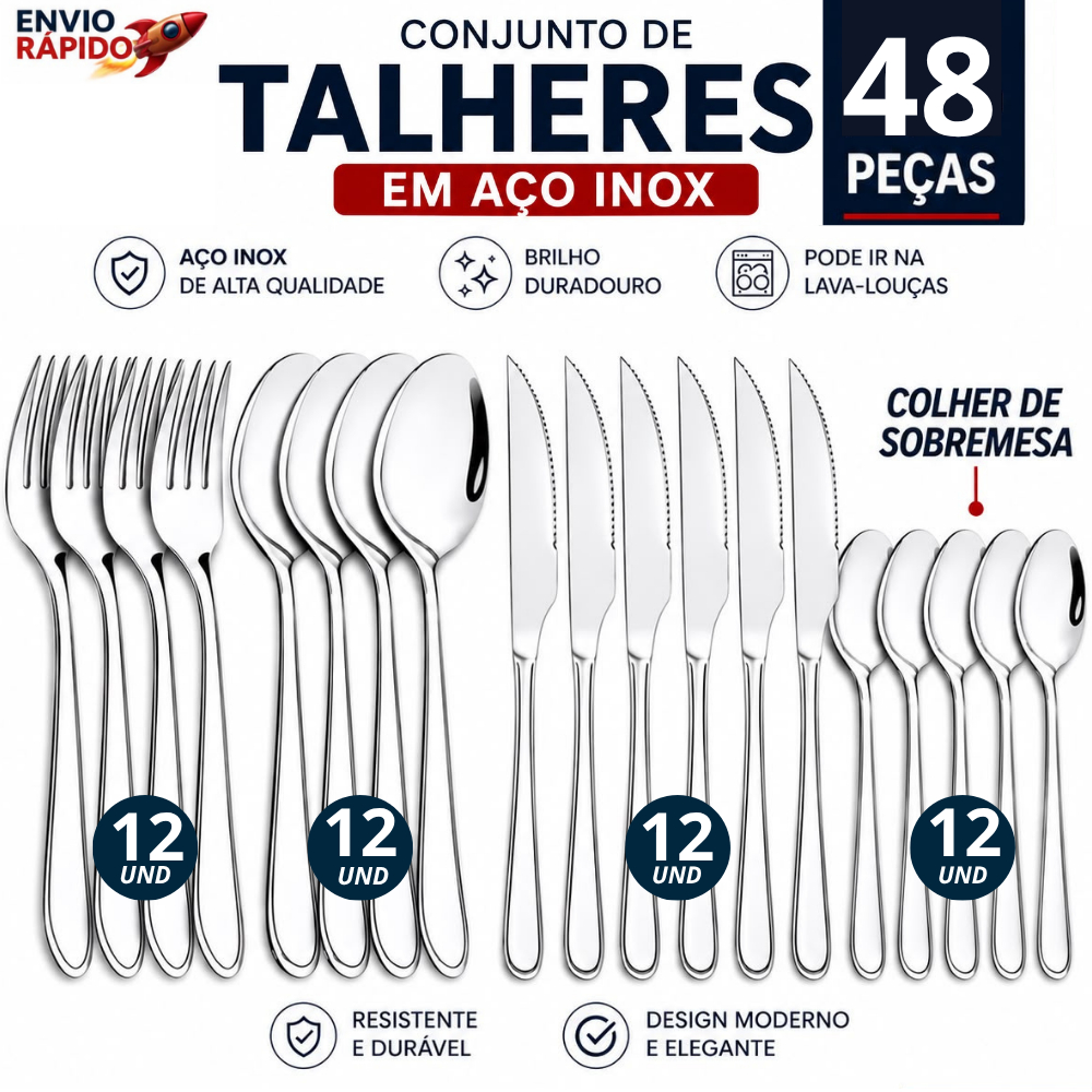 Kit Talheres 24/36/48 Peças Aço Inox Completo Faqueiro Jogo de Mesa Colheres Garfos Facas Alta Qualidade