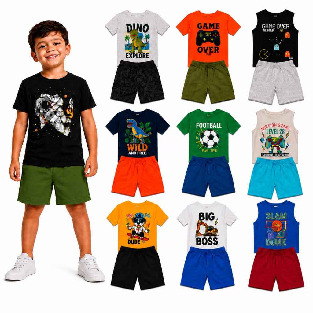 Kit 6 peças Conjunto Verão 3 Camisetas + 3 Bermudas Infantil Masculino/Menino Estampa Sortida