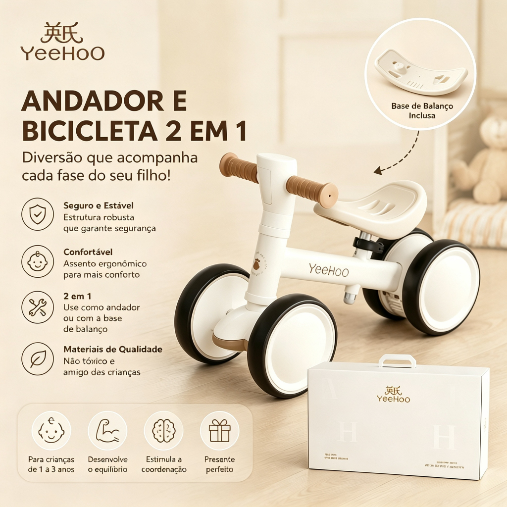 Bicicleta De Equilíbrio Infantil Sem Pedal 4 Rodas 2 formas de andar de bicicleta