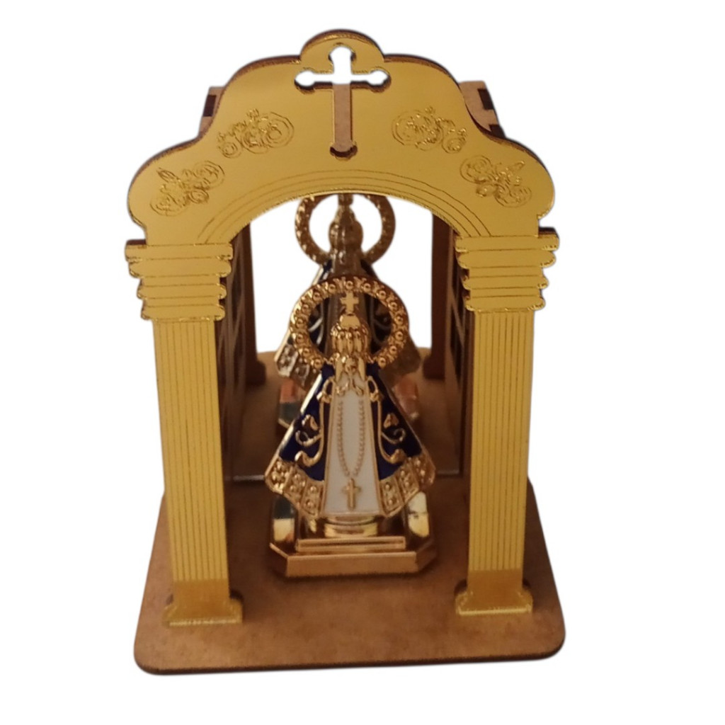 Mini Capelinha Nossa Senhora Aparecida Em Mdf Dourado Espelhado Com Imagem De Metal Sagrada Lembrancinha Religiosa