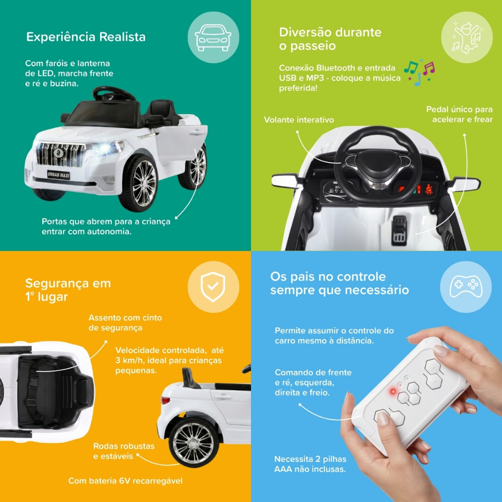 Carro Elétrico Infantil Marcha Frente/Ré 6v Controle Remoto Bluetooth Led Até 30kg Urban Maxi Toys — imagem 2 de 2