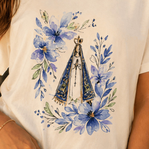 Camiseta Nossa Senhora Aparecida Feminina Católica Religiosa 100% Algodão Estampa Floral Fé