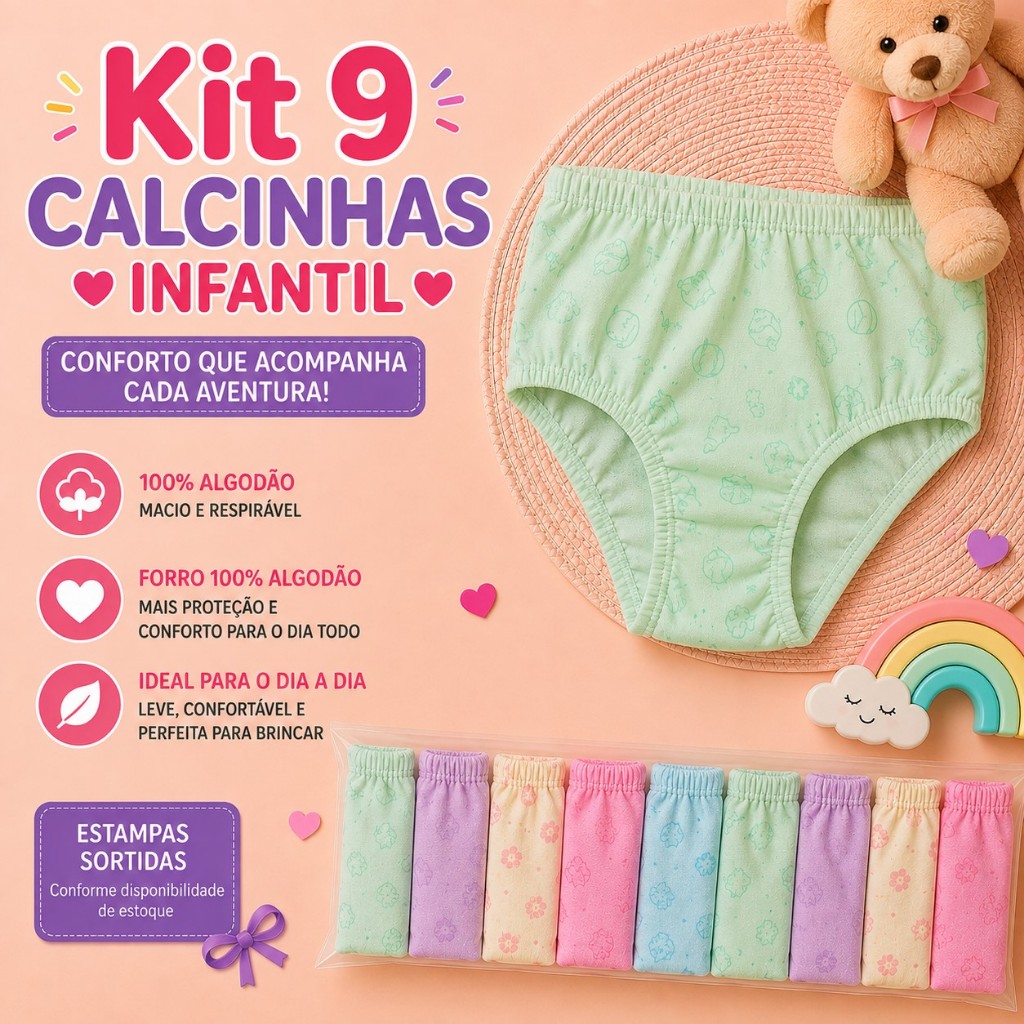 kit 9 Calcinhas Infantil 100% Algodão - Peças Estampadas Sortidas P ao GG