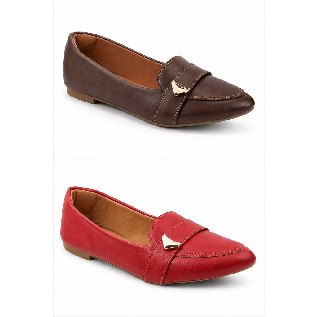 Kit 2 Pares Mocassim Feminino Sapatilha Bico Fino Fivela Dourada Confortável Casual Elegante