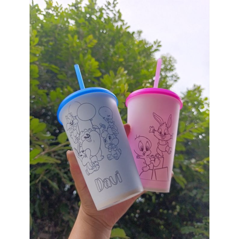 Kit 20 Copos Com Canudo 550ml Infantil Colorir Personalizado Resistente a quedas Presente Festa Aniversario Lembrancinha