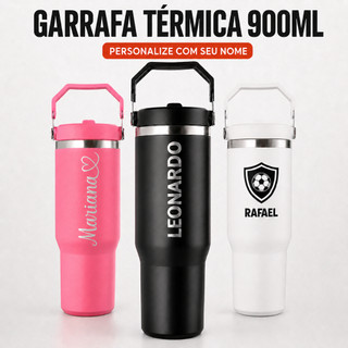 Copo Garrafa Térmica Flip 900ml Inox Personalizada Nome Time Curso Esportiva Bico Alça Ac…