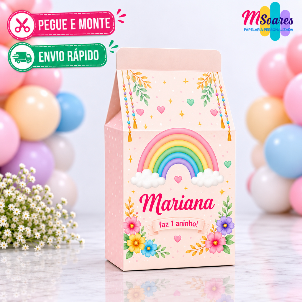 Caixinha Milk Personalizada Arco-Íris Menina – Lembrancinha de Aniversário