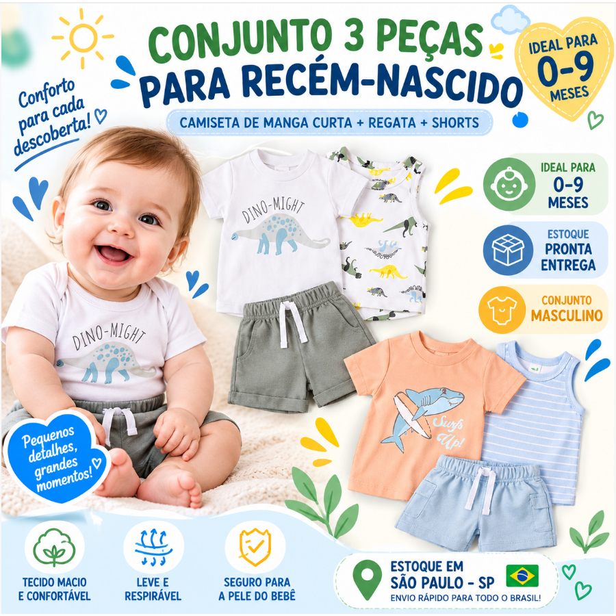 Conjunto Bebê Menino 3 Peças Camiseta Regata Shorts Dinossauro Tubarão Roupa Infantil Verão 0 a 9 Meses
