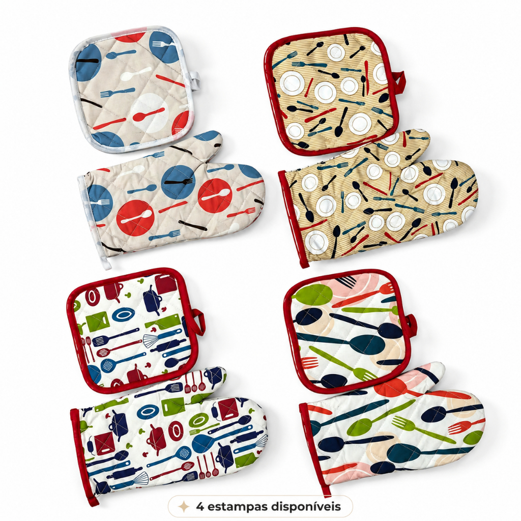 Conjunto Luva Térmica + Apanha Panela Estampado, Proteção Contra Queimaduras para Assar e Cozinhar