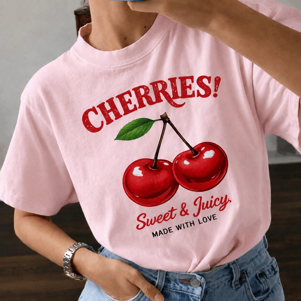 T-Shirt Cherry Feminina Estampa Cereja Confortável Básica Casual Camiseta Algodão Cherries Dia a Dia Estilo Rua Tropical
