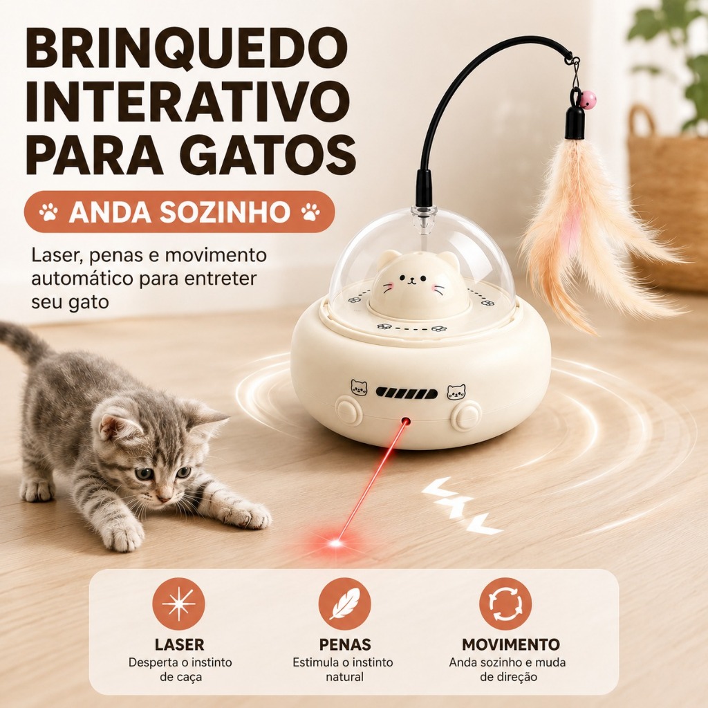 Brinquedo para Gatos Inteligente Interativo Automático Elétrico Varinha com Laser Penas Flexível