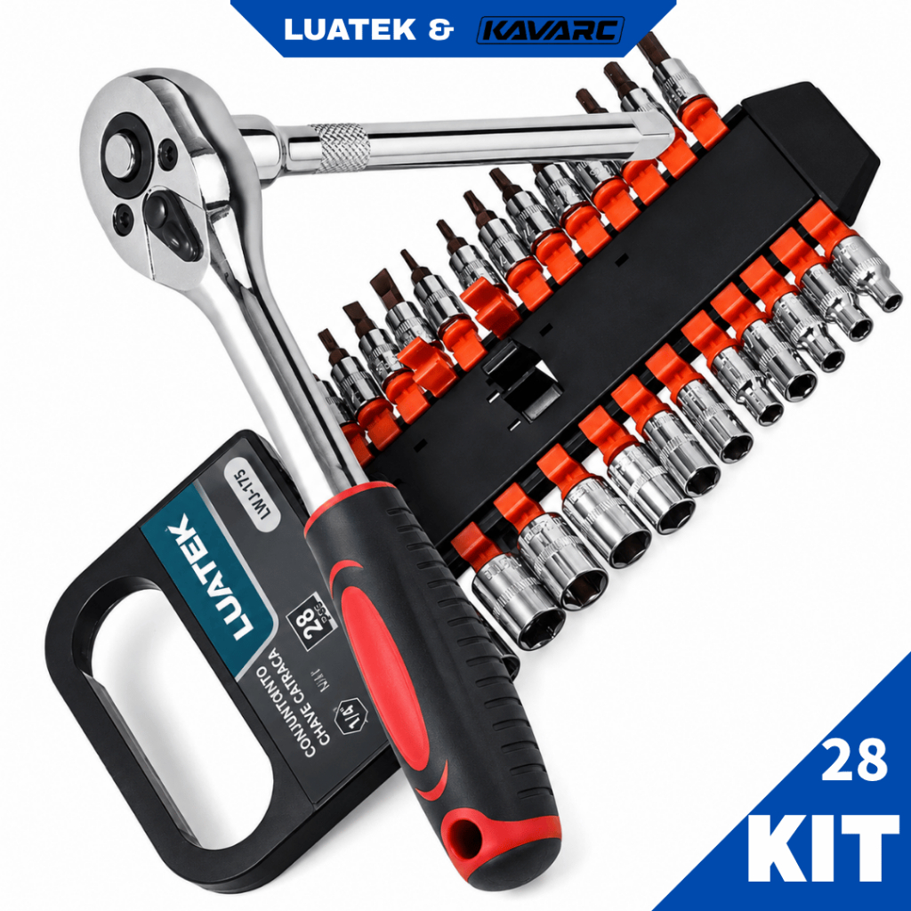 Kit Chave Catraca 1/4" 28 Peças LUATEK com Soquetes 4 a 14mm Bits e Haste de Extensão LWJ-175