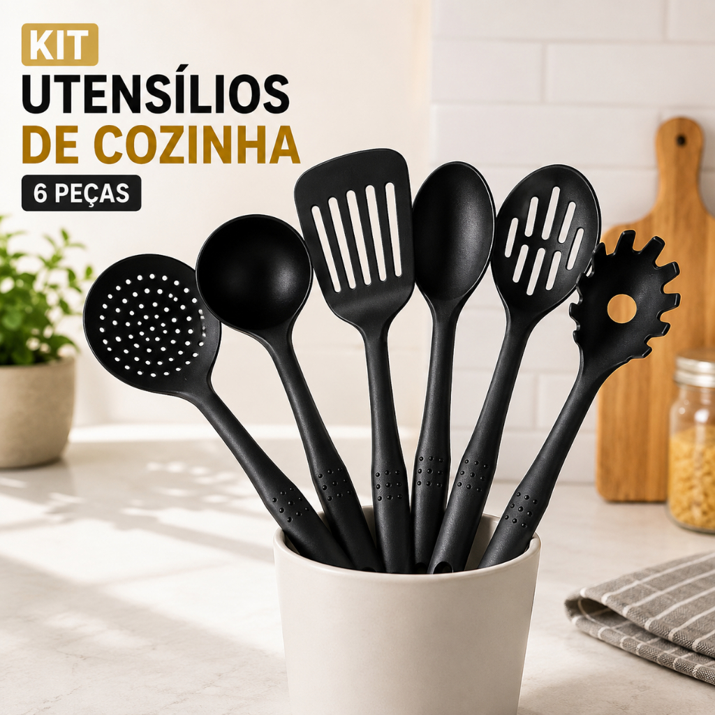 Kit Utensílios Cozinha 6 Peças Nylon Antiaderente Espátula Concha Colheres Escumadeira Pegador