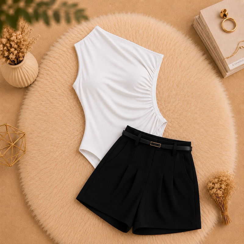 Conjunto Feminino Body Mula Manca + Short Alfaiataria com Cinto