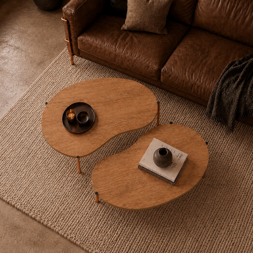 Mesa De Centro Orgânica Grande Pés De Aço Industrial Cobre Apoio Sofa Auxiliar Sala Kit 2 Unidades