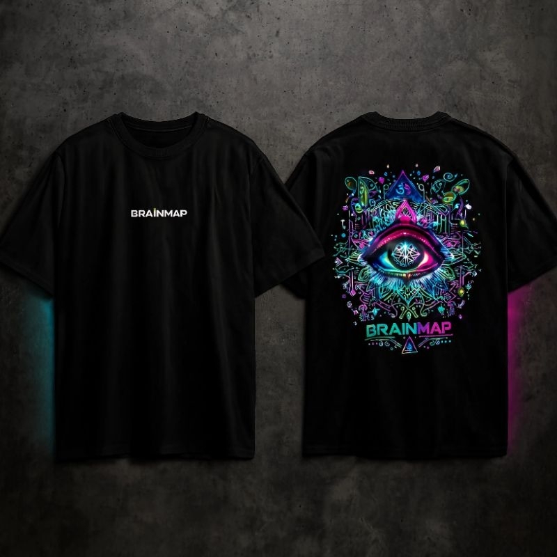Camiseta Masculina Oversize Streetwear Psicodélica Unissex Estampada Olho Místico Mandala Brainmap Preta Algodão Premium