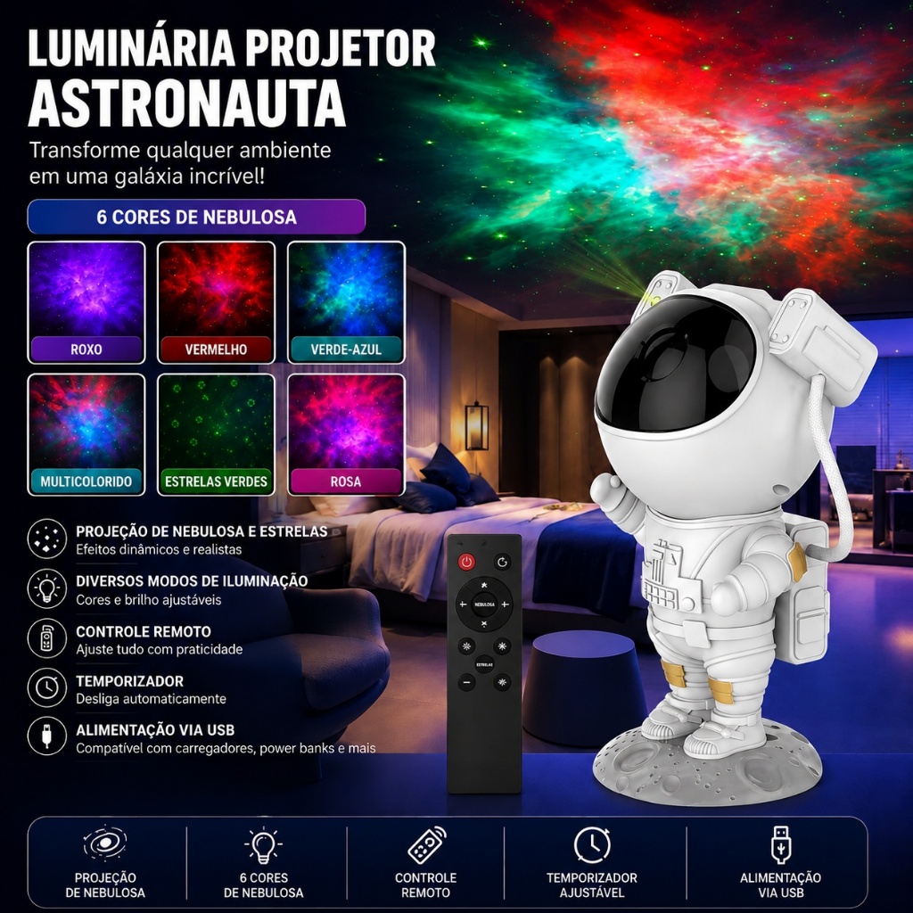 Astronauta Projetor Luz Noturna Galaxia Estrelada Nebulosa LED Controle Remoto Decoracao Quarto — imagem 2 de 2