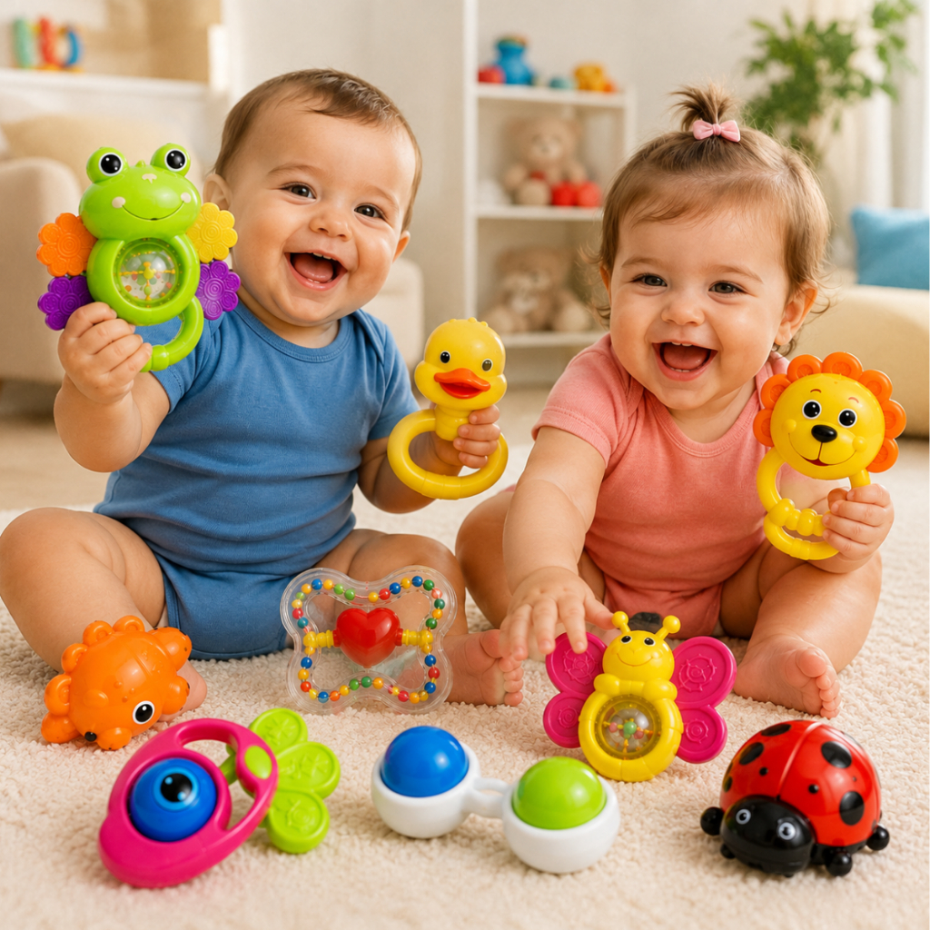 Kit chocalho mordedor silicone brinquedo interativo infantil macio sensorial bebe feliz