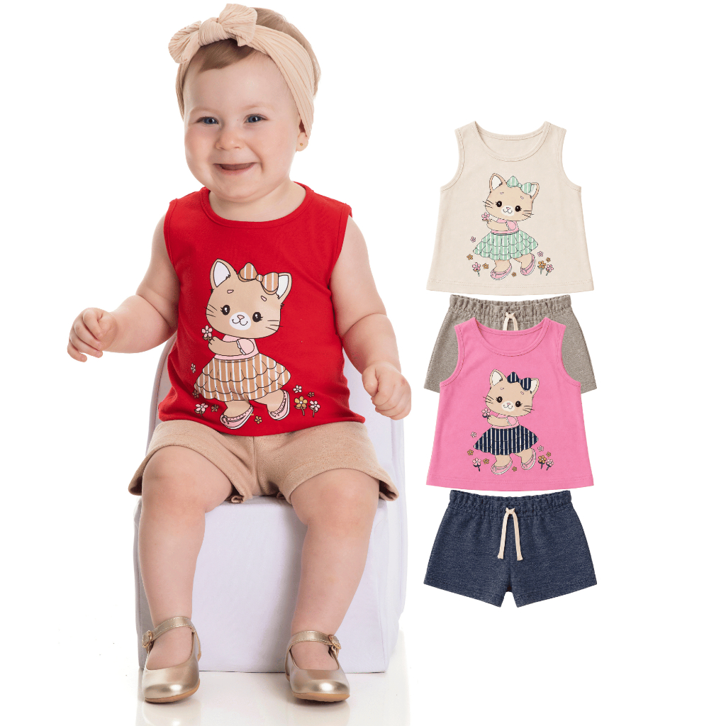 Conjunto Bebê Feminino Regata Algodão Gatinha e Bermuda Moletinho Ecológico Tamanhos P M G