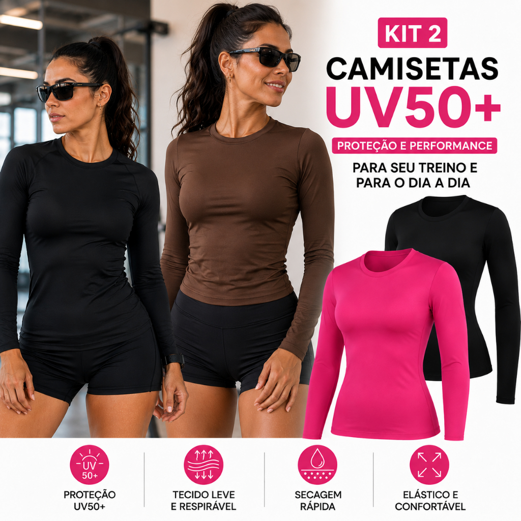 Kit 2 Camisetas Básicas Feminina Justa Blusa Lisa Manga Longa Proteção Solar Uv 50+ Praia Fitnes