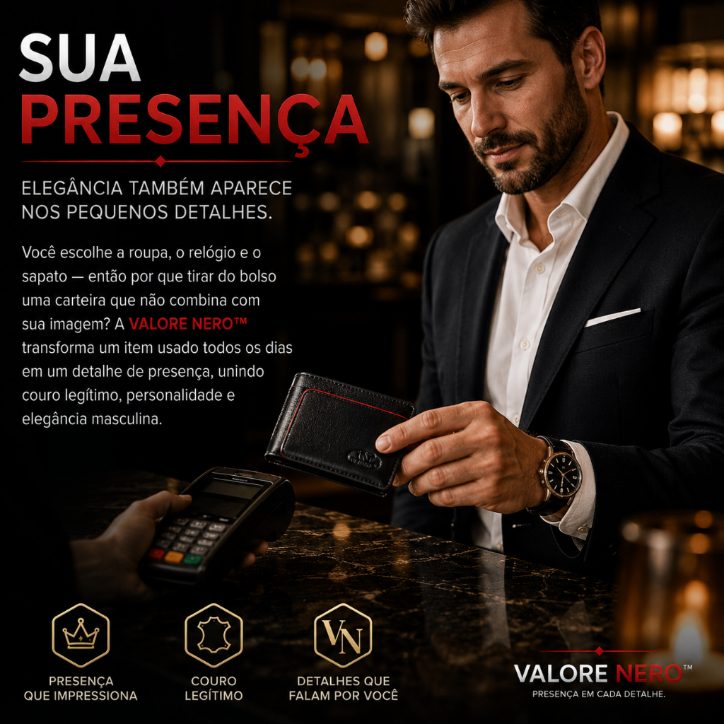 Carteira Masculina Couro Legítimo Preta Slim Compacta Porta Cartão Documento Dinheiro Presente Valore Nero™ Premium Luxo — imagem 2 de 2