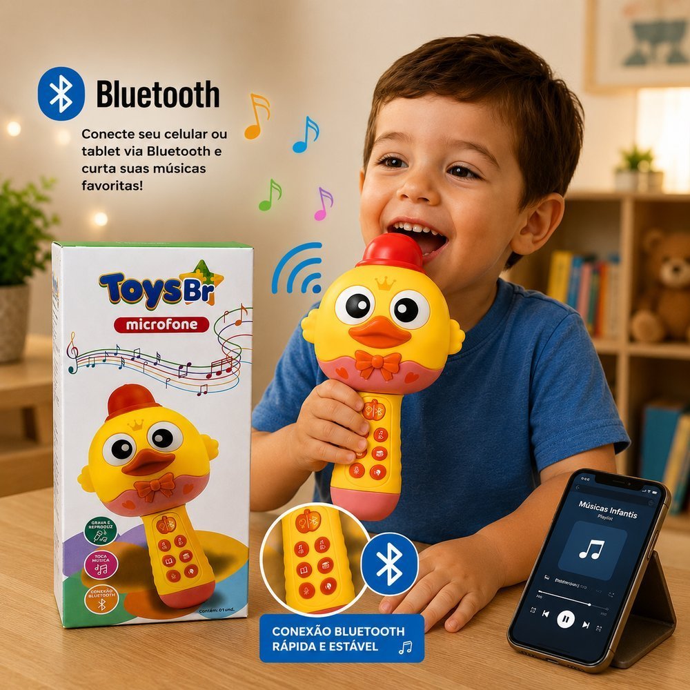Microfone Infantil Bluetooth Recarregável Karaokê com Músicas e Histórias Brinquedo Educativo