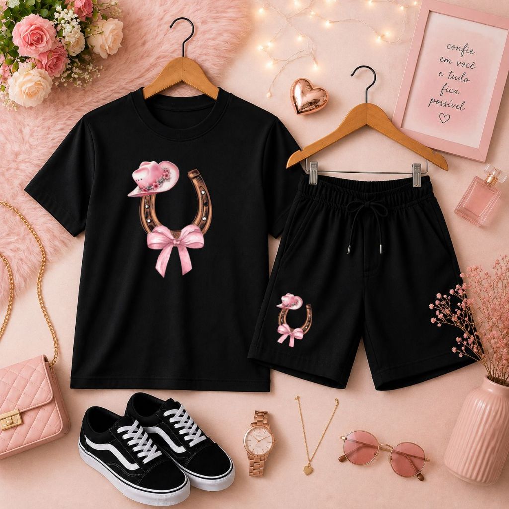 Aposte no Visual Casual Conjunto Infantil Feminino de Camiseta Básica e Short de Moletom Estampado Ferradura Laço Chapéu