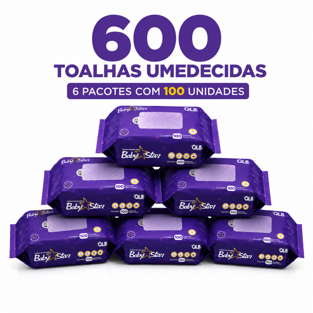 Caixa com 6 Lenços/Toalhas Umedecidas Baby Star Roxa c/ 100 Unidades Cada - Sem Tampa FlipTop