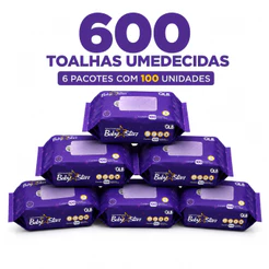 Caixa com 6 Lenços/Toalhas Umedecidas Baby Star Roxa c/ 100 Unidades Cada - Sem Tampa FlipTop