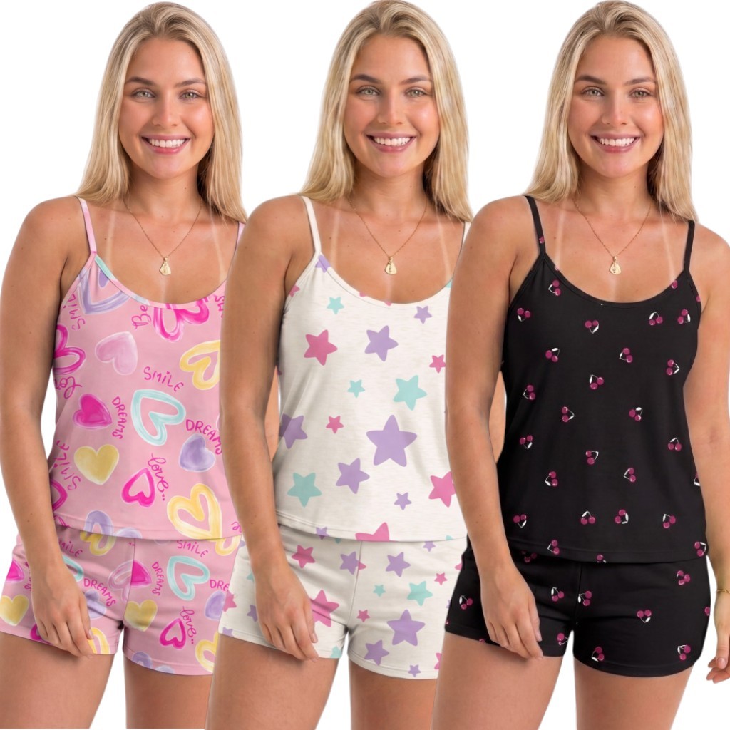 Kit 3 Baby Doll Pijamas Femininos Conjuntos Short Doll Pijama Conjunto Feminino Original