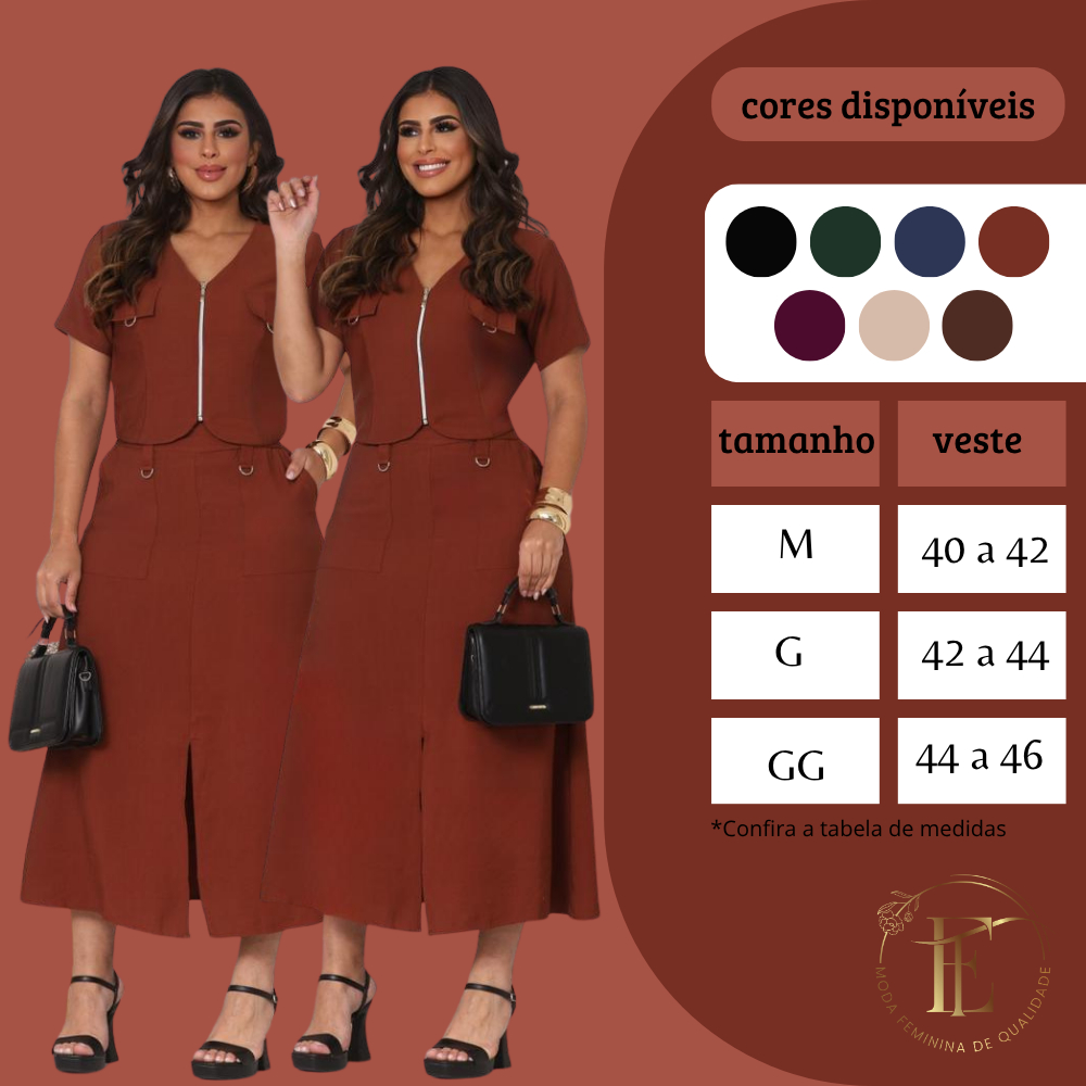 Conjunto Feminino Saia Midi + Blusa Marrant Premium Zíper Frontal Bolsos Fenda Frontal Estilo Casual Social Elegante