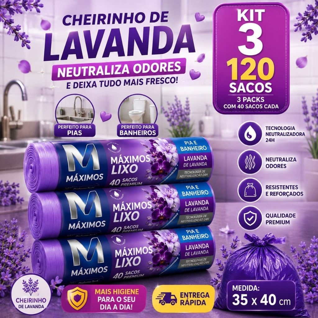 Kit Sacos de Lixo Perfumados Lavanda 10 L | 400 Sacos | Pia e Banheiro | 35x40cm | Neutraliza Odores
