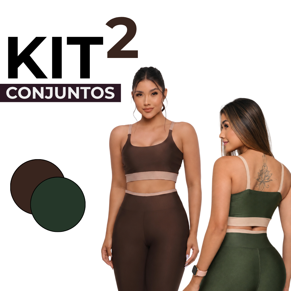 KIT Com 2 Conjuntos Bicolor Top + Legging Cintura Alta Feminino Roupa de Academia Bojo Removível Malhar Fitness Crossfit
