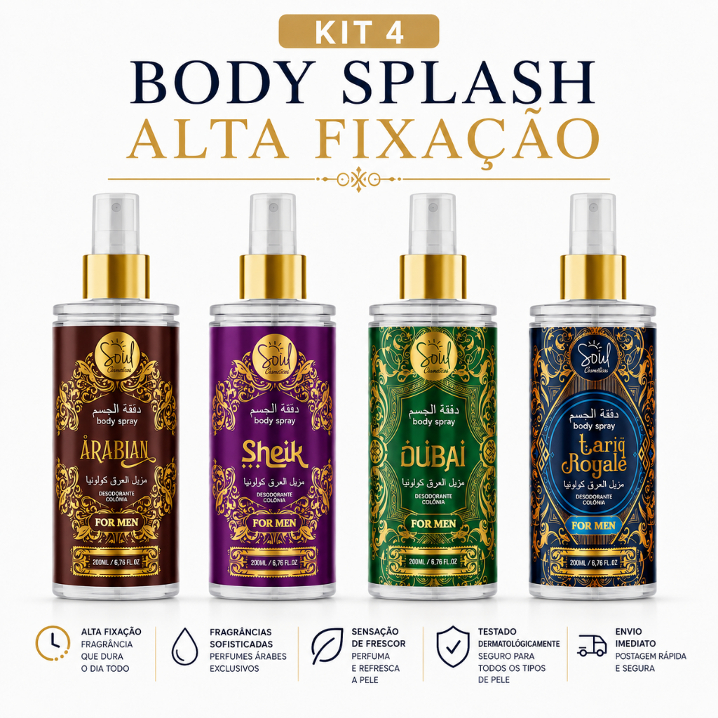 KIT 4 BODY SPLASH ÀRABE MASCULINO 200 ML COLONIA DESODORANTE PERFUME ARABE MASUCILINO ENVIO IMEDIATO