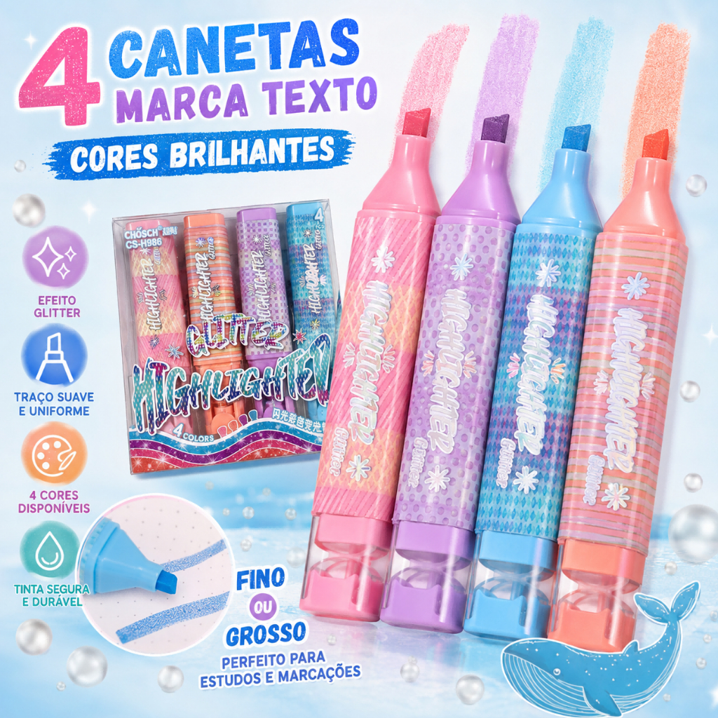 Kit 4 Marca Texto Glitter Marcador Desenho Material Escolar Presente Não Transborda Caderno