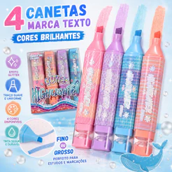 Kit 4 Marca Texto Glitter Marcador Desenho Material Escolar Presente Não Transborda Caderno