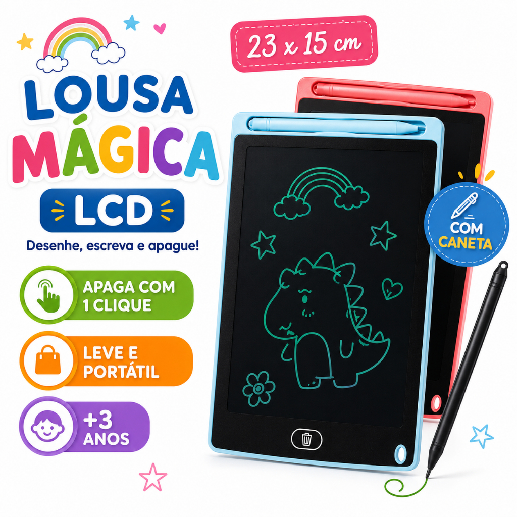 Lousa Mágica Infantil LCD 8,5” Tablet de Escrita e Desenho Digital Reutilizável com Caneta + Bateria Apaga com 1 Clique