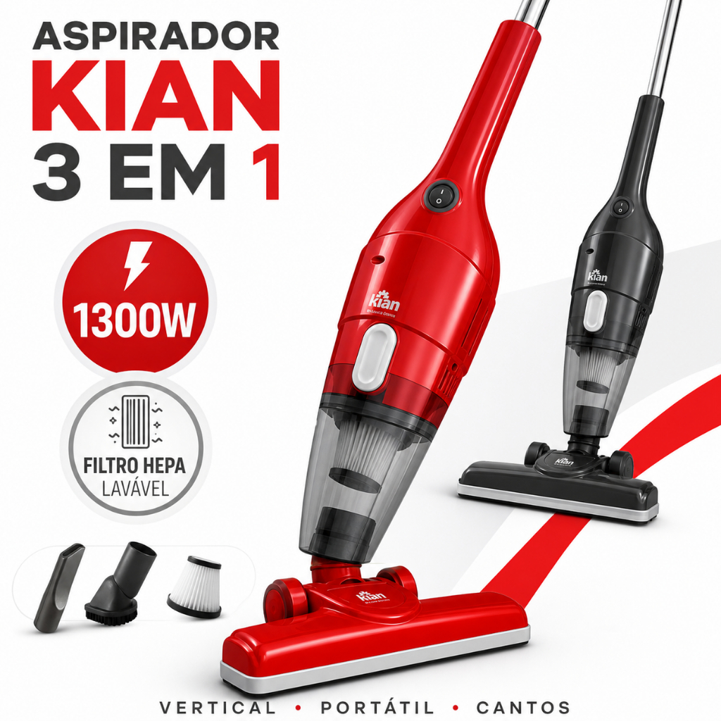 Aspirador de Pó Vertical e Portátil 3 em 1 Kian AP-100 1300W Filtro HEPA Lavável 1,2L