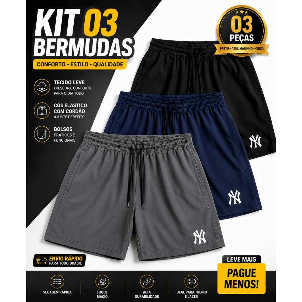 KIT 03 Bermudas Masculina PLUS NY, LA, BARÇA, GRWTH SportFit Elastano-P ao G1,G2,G3,G4-PROMOÇÃO-ENVIO IMEDIATO