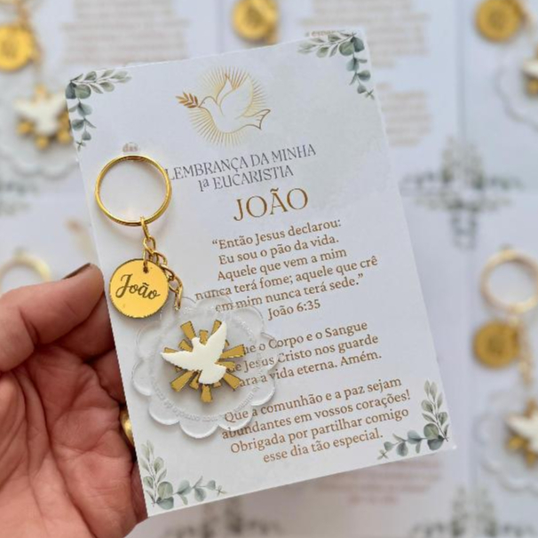 Chaveiros Lembranças em acrílico personalizado para eucaristia batizados com pingente cartao grande