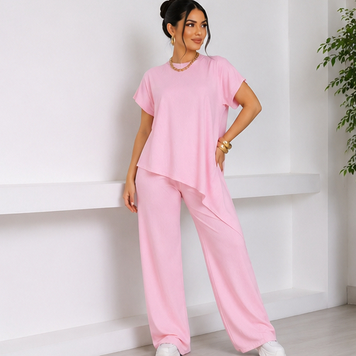 Conjunto Femenino Calça Pantalona Longa Blusa Assimetrica Estiloso E Casual  Anarruga
