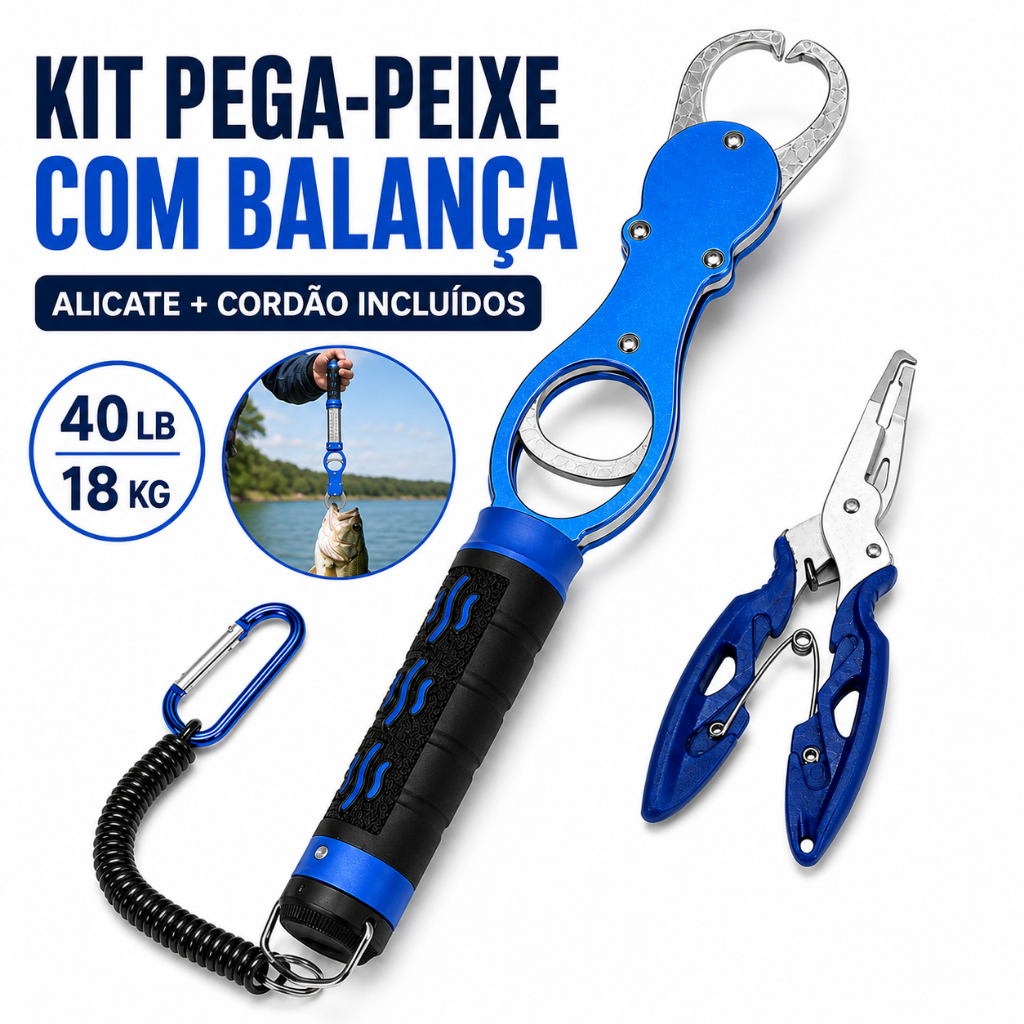 Kit Pesca Alicate Pega Peixe com Balança 18kg e Alicate Multifuncional com Cordão