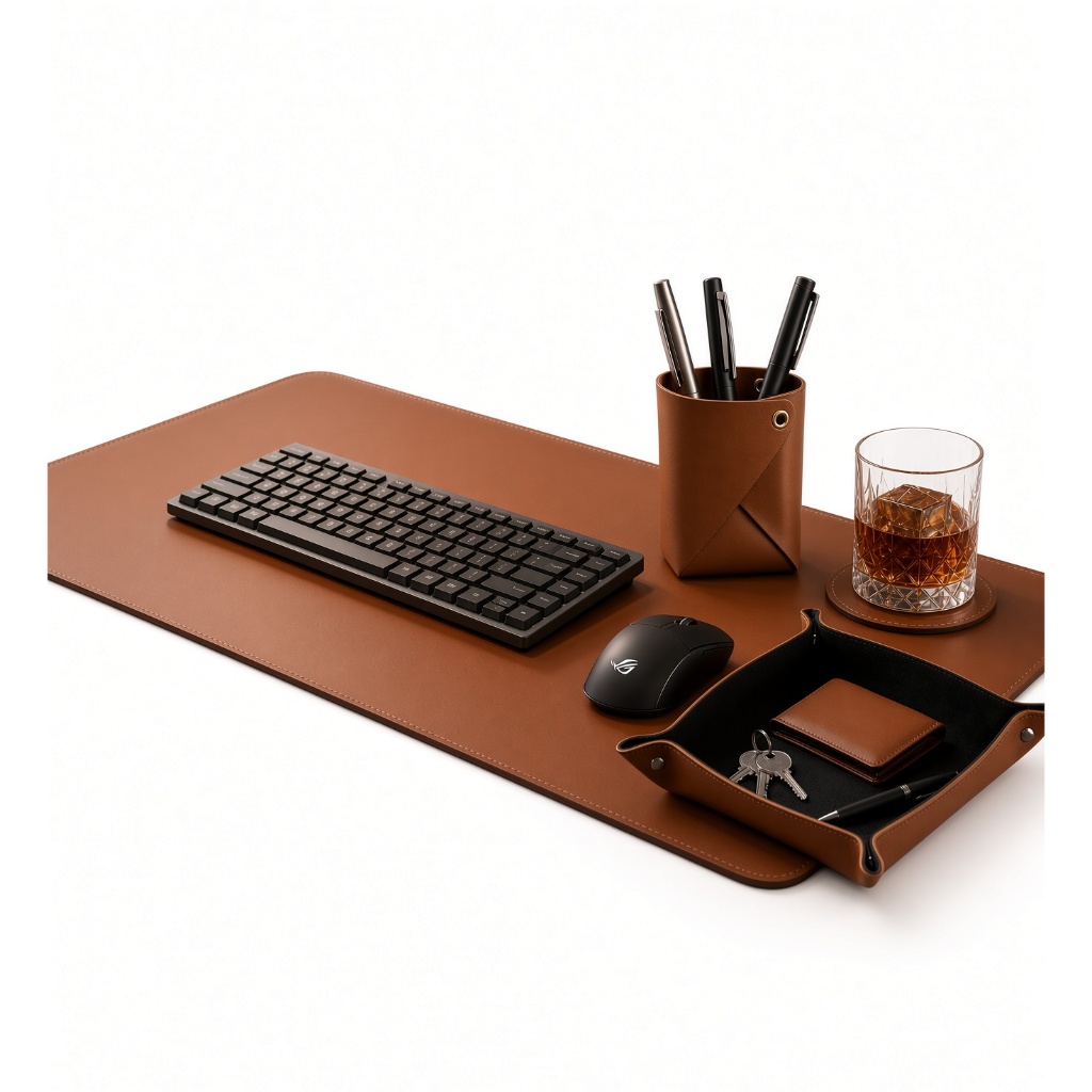 Kit Mouse pad 70x30 + Porta Treco + Porta Lapis + Porta Copos Kit Escritório Completo Deskpad Couro