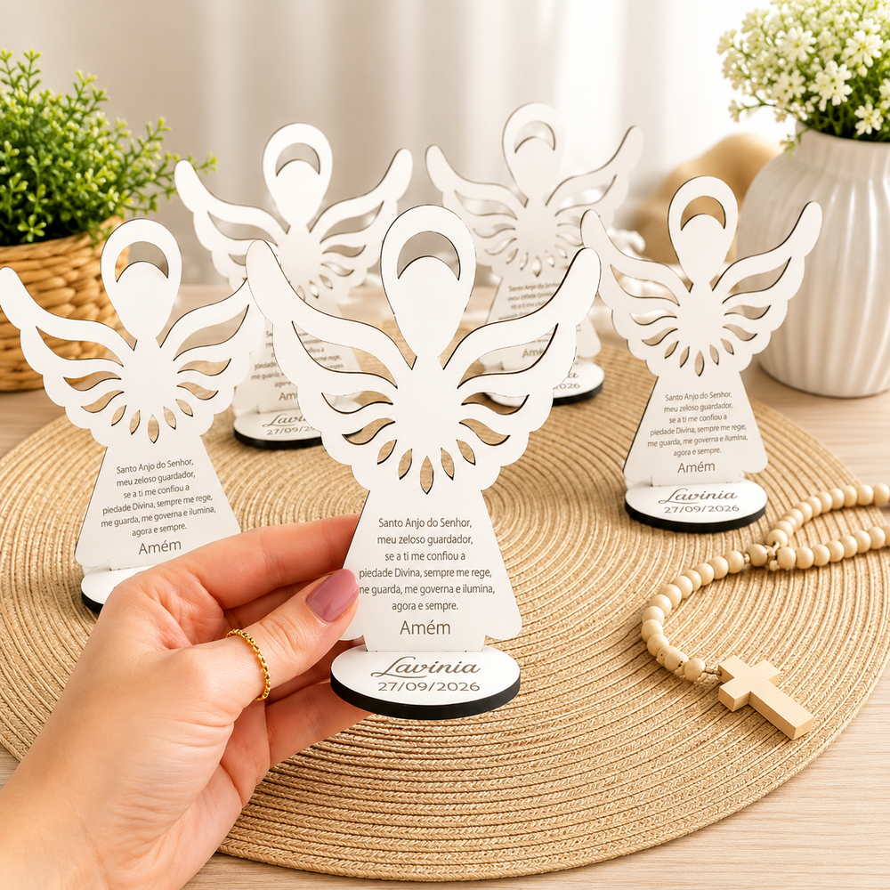 Lembrancinha de Batismo Anjinho Personalizado - Batismo Crisma Eucaristia, Oração Santo Anjo,Decoração Religiosa